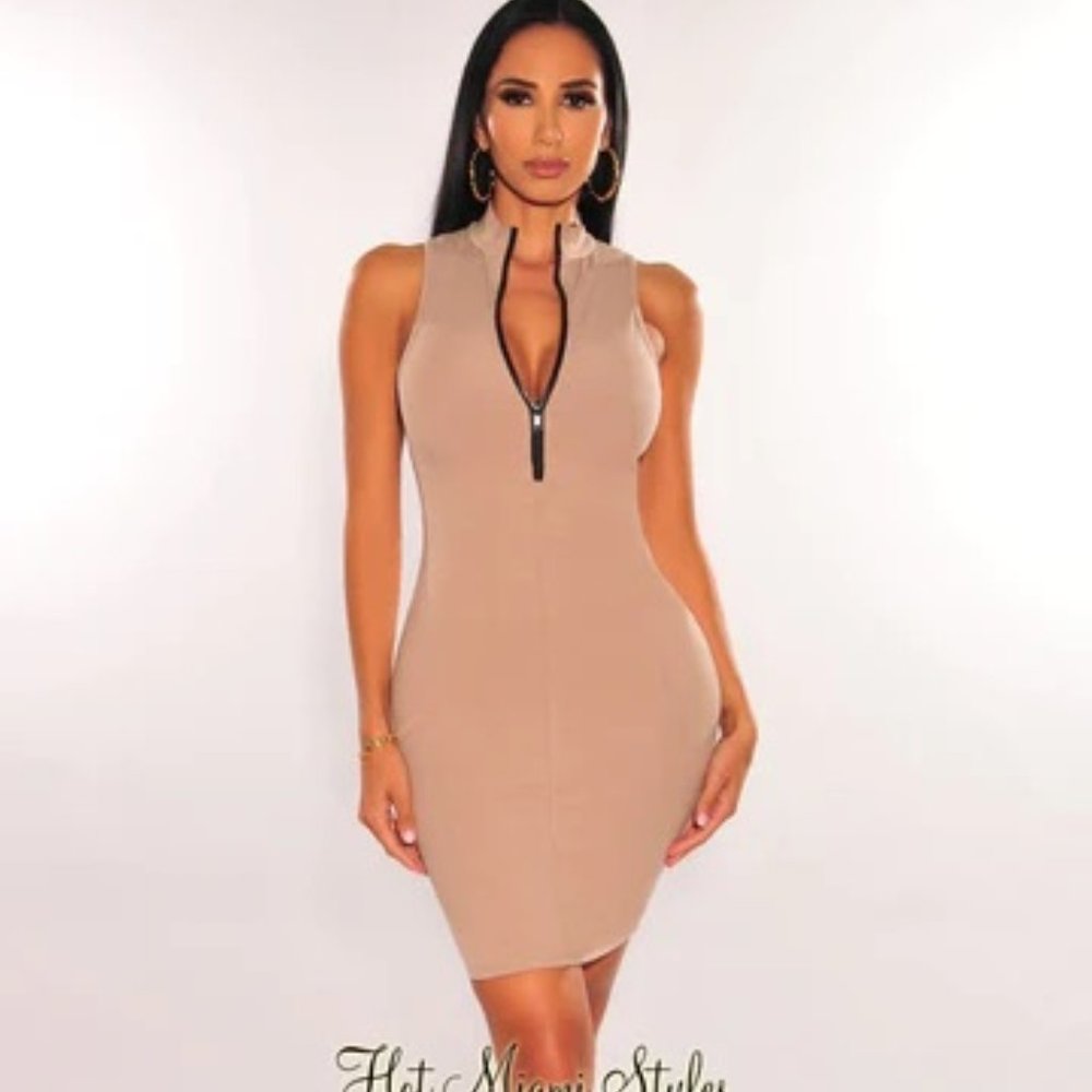 NWT Hot Miami Styles TAUPE RIBBED ZIPPER SLEEVELESS BODYCON DRESS- Medium